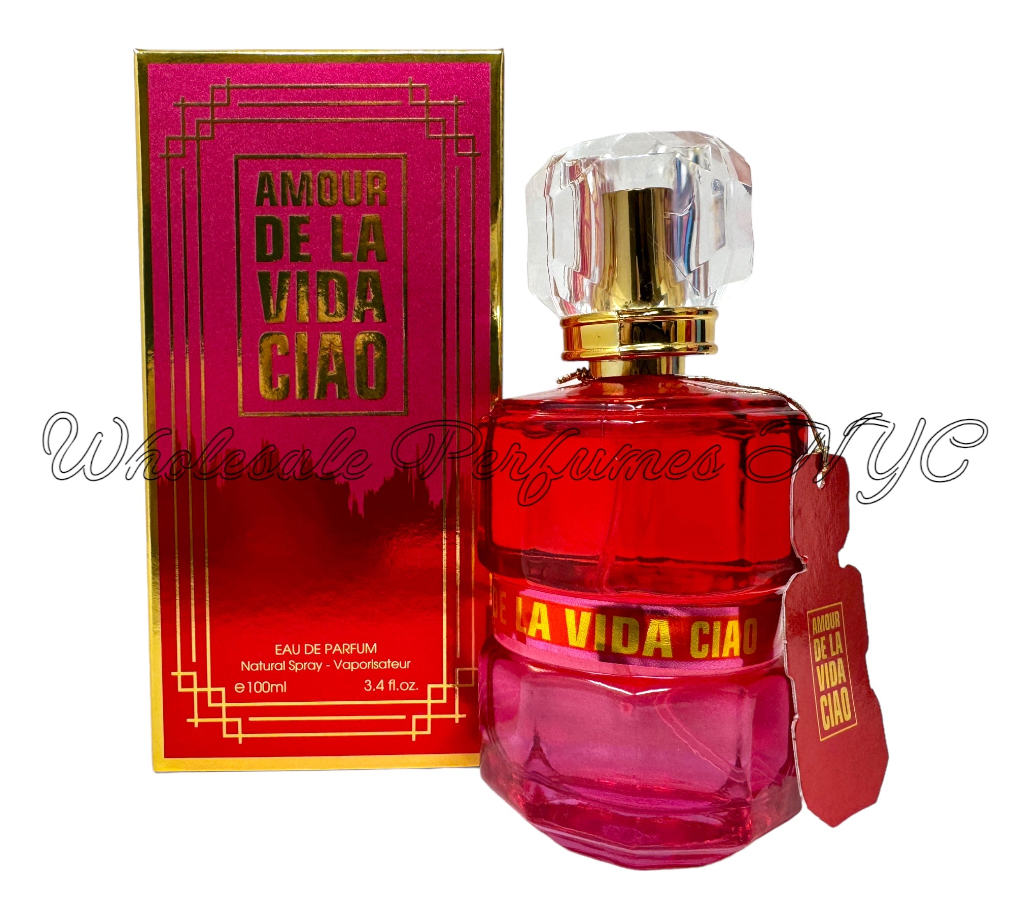 A 3.4oz bottle of Amor De La Vida Ciao for Women Eau de Parfum, elegantly designed with a floral theme, showcasing its luxurious appeal.