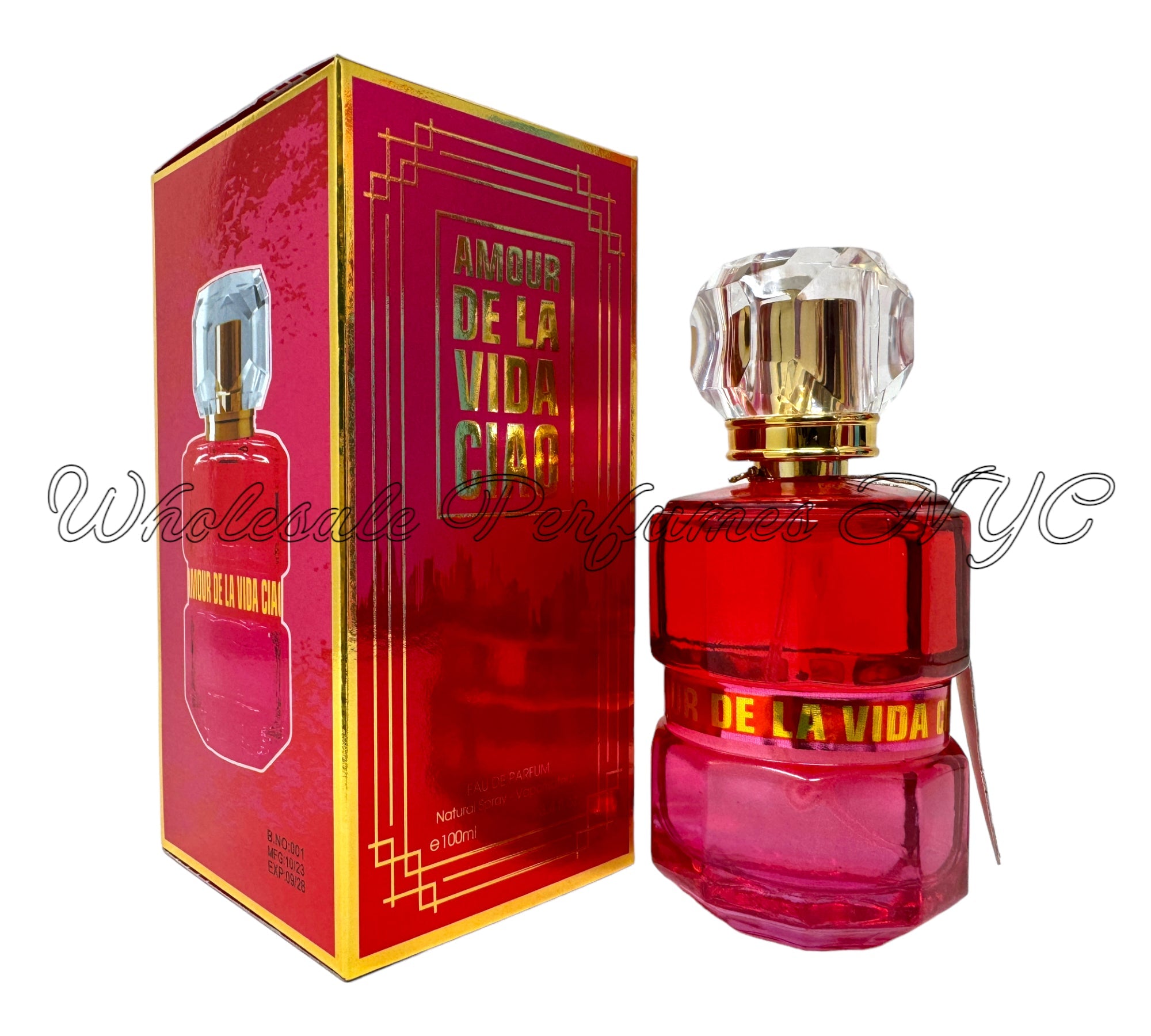 A 3.4oz bottle of Amor De La Vida Ciao for Women Eau de Parfum, elegantly designed with a floral theme, showcasing its luxurious appeal.