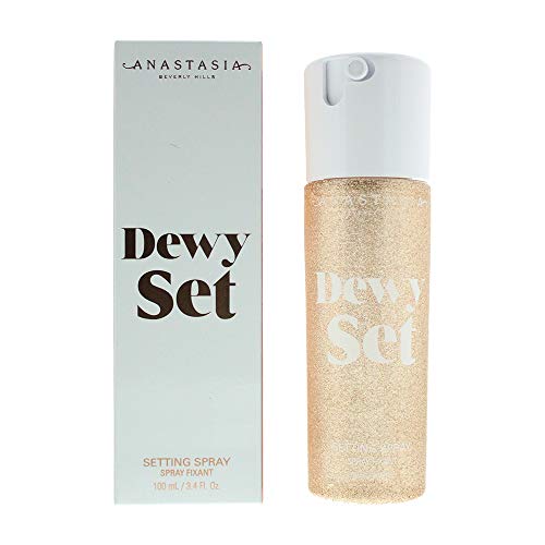 Anastasia Beverly Hills Dewy Set Make Up Setting Spray bottle with a sleek design, perfect for achieving a radiant makeup finish.