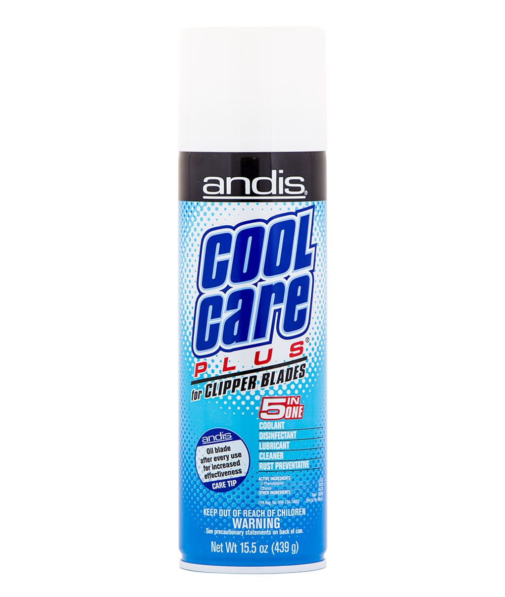 ANDIS Cool Care Plus 5 in 1 spray bottle, 15.5oz, designed for clippers and trimmers, featuring a high-pressure nozzle for easy application.