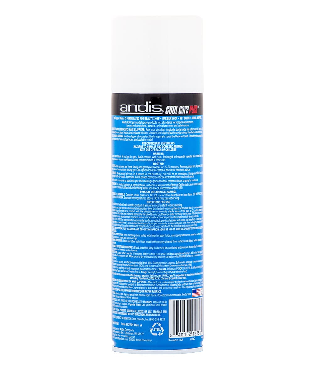 ANDIS Cool Care Plus 5 in 1 spray bottle, 15.5oz, designed for clippers and trimmers, featuring a high-pressure nozzle for easy application.