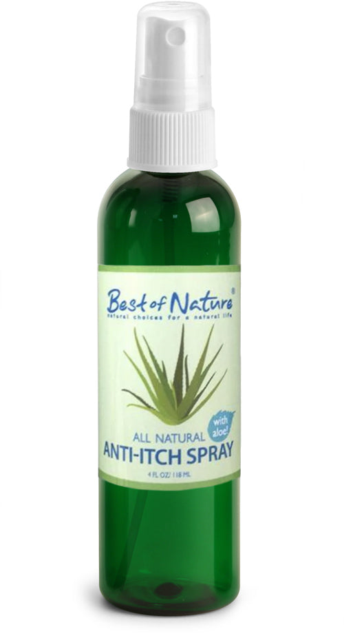 A 4 oz aluminum bottle of Best of Nature Anti-Itch Spray with a spray nozzle, featuring natural ingredients like lavender and aloe vera.