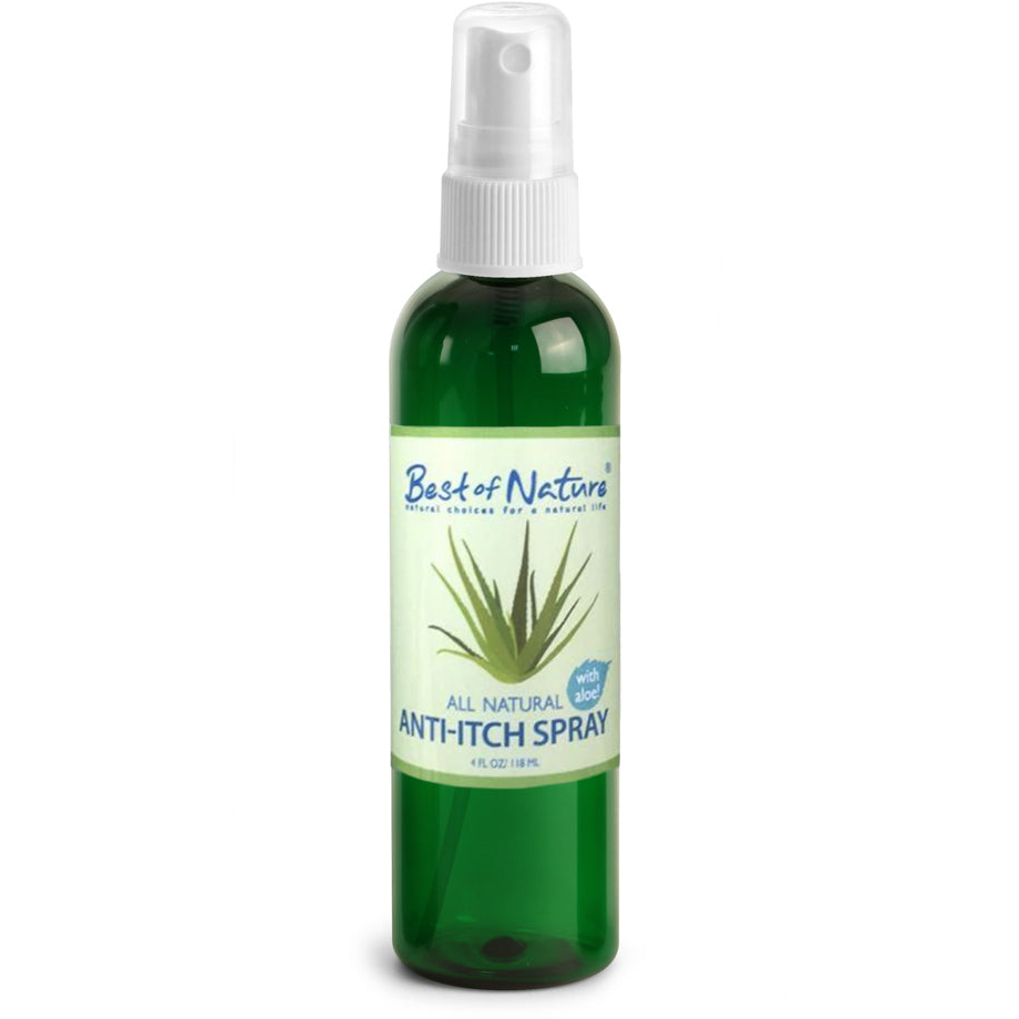 A 4 oz aluminum bottle of Best of Nature Anti-Itch Spray with a spray nozzle, featuring natural ingredients like lavender and aloe vera.