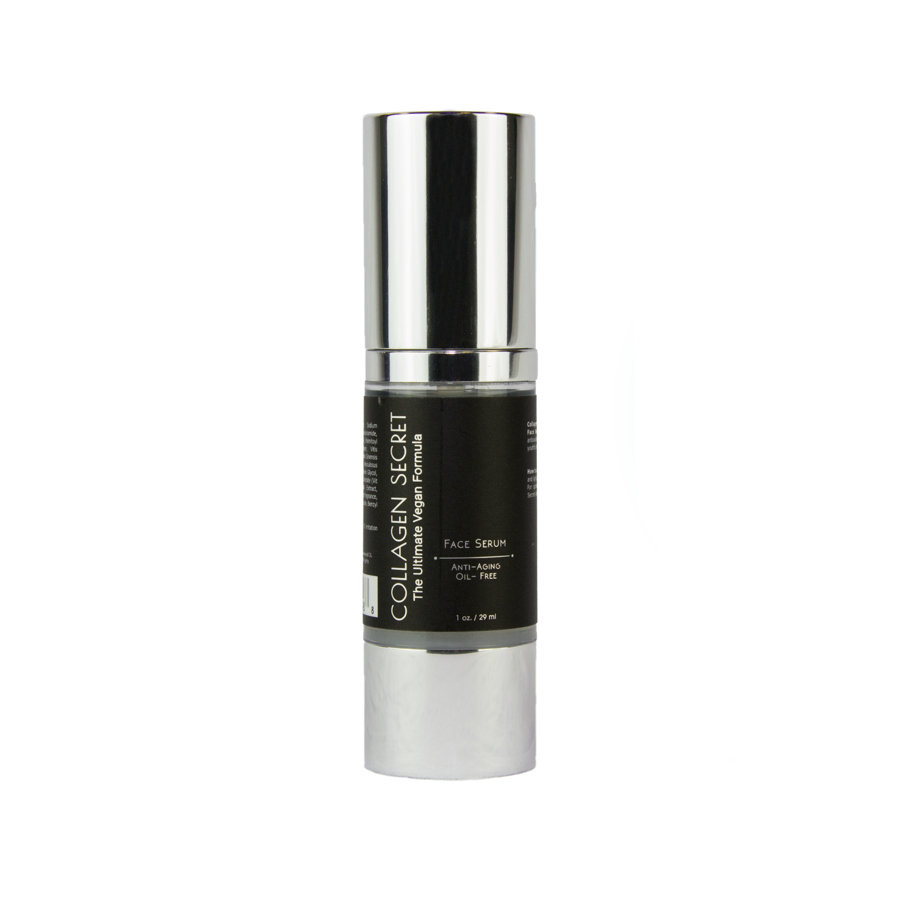 Collagen Secret Anti-Aging Face Serum in a sleek 1oz bottle, showcasing its oil-free and vegan formula, surrounded by natural ingredients.