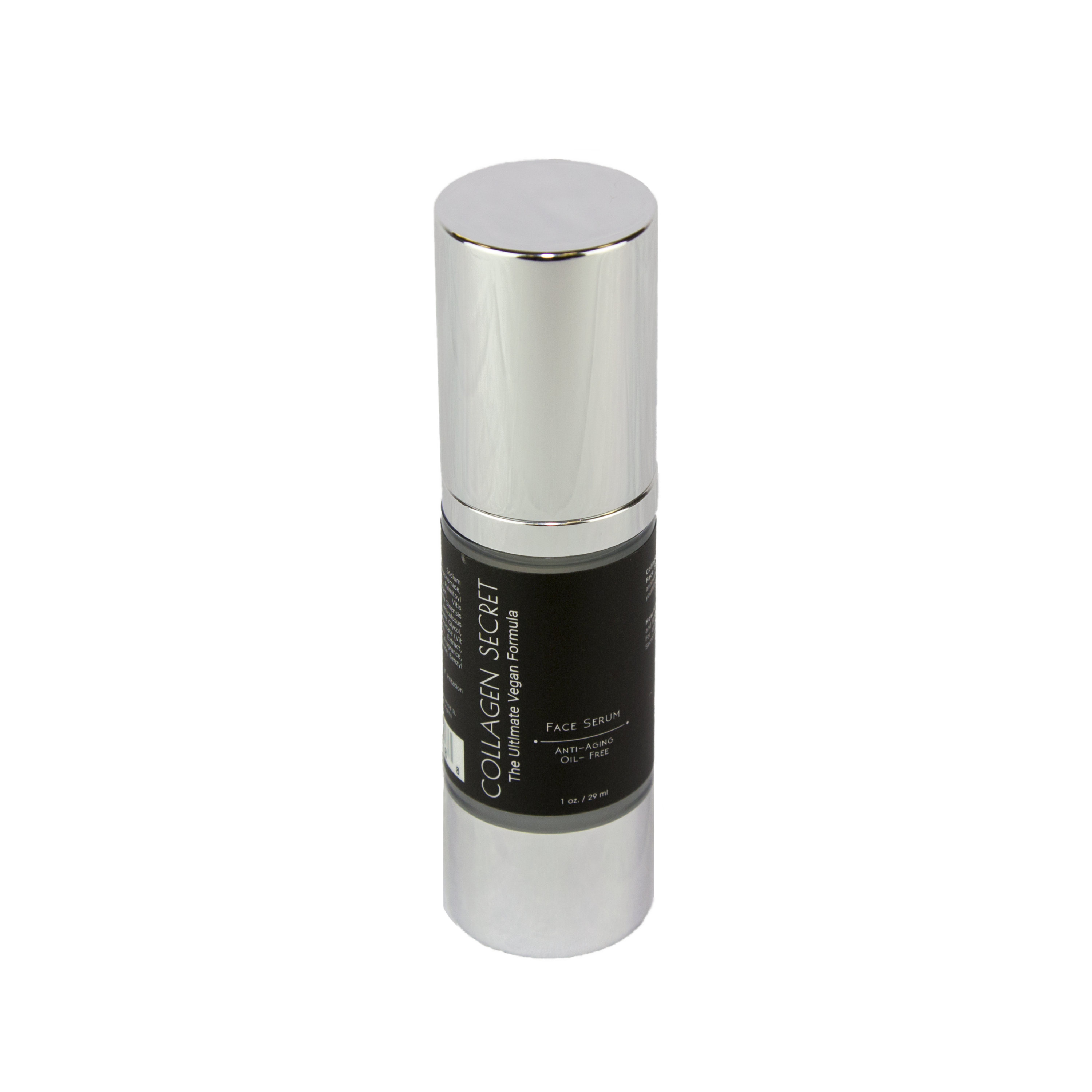 Collagen Secret Anti-Aging Face Serum in a sleek 1oz bottle, showcasing its oil-free and vegan formula, surrounded by natural ingredients.