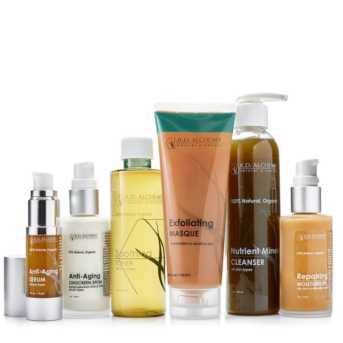 Anti-Aging Set featuring six skincare products for youthful skin, including cleanser, serum, and moisturizer.