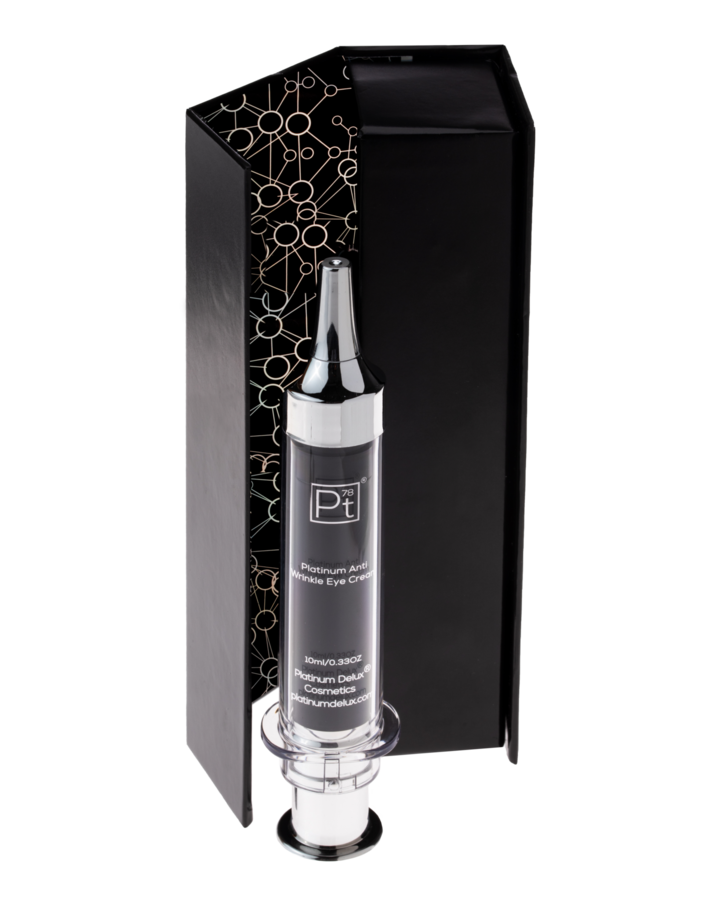 Platinum Deluxe® Anti-Wrinkle Eye Cream in a sleek container, showcasing its luxurious design and premium quality.