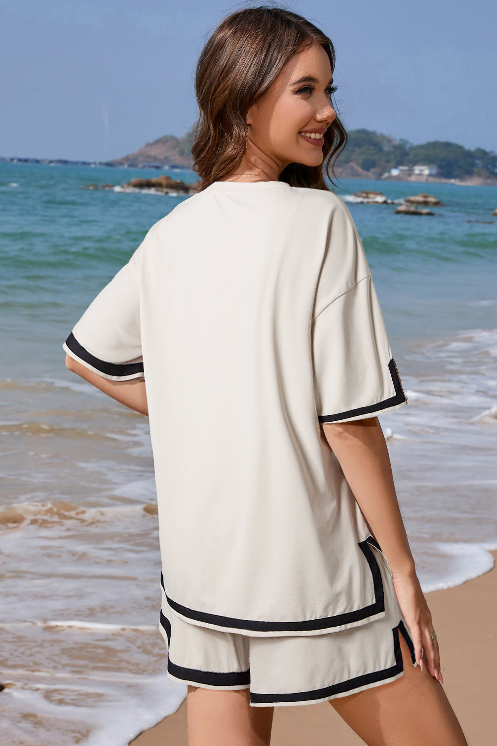 Apricot Contrast Trim Tee and Shorts Set featuring stylish design and comfortable fit, perfect for summer outings.