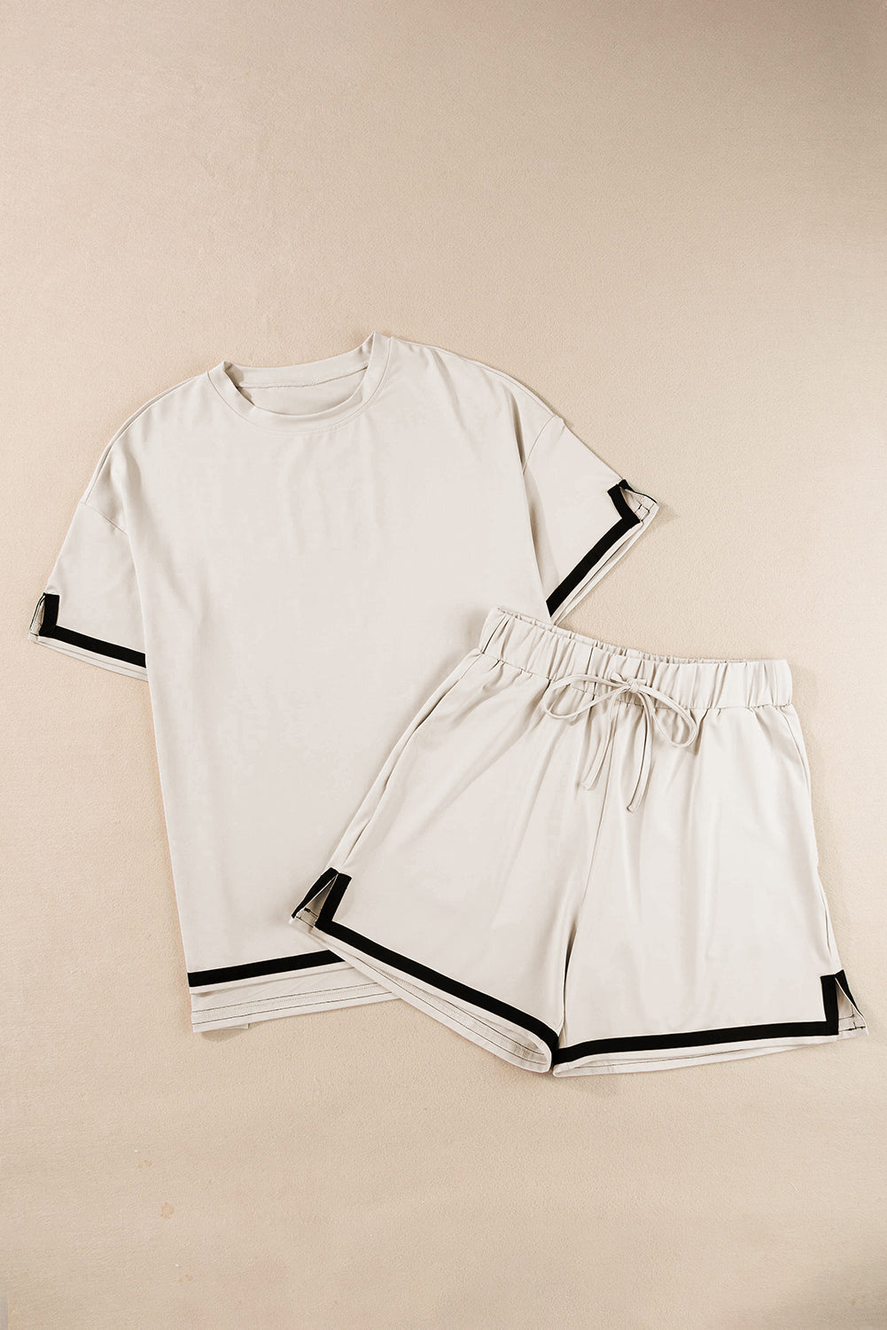 Apricot Contrast Trim Tee and Shorts Set featuring stylish design and comfortable fit, perfect for summer outings.