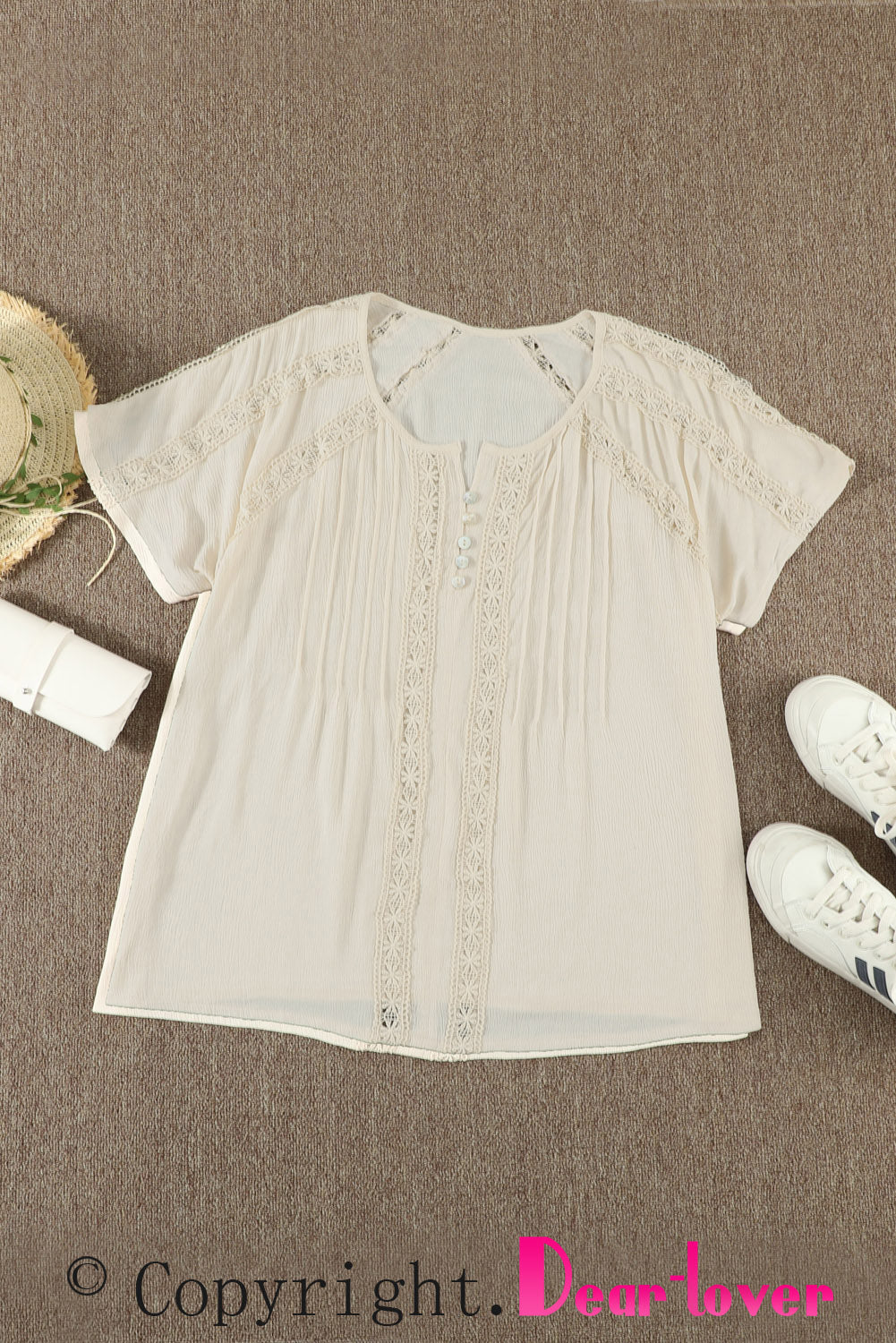 Apricot Crochet Eyelet Short Sleeves Top featuring a button-down front and loose fit, perfect for summer wear.