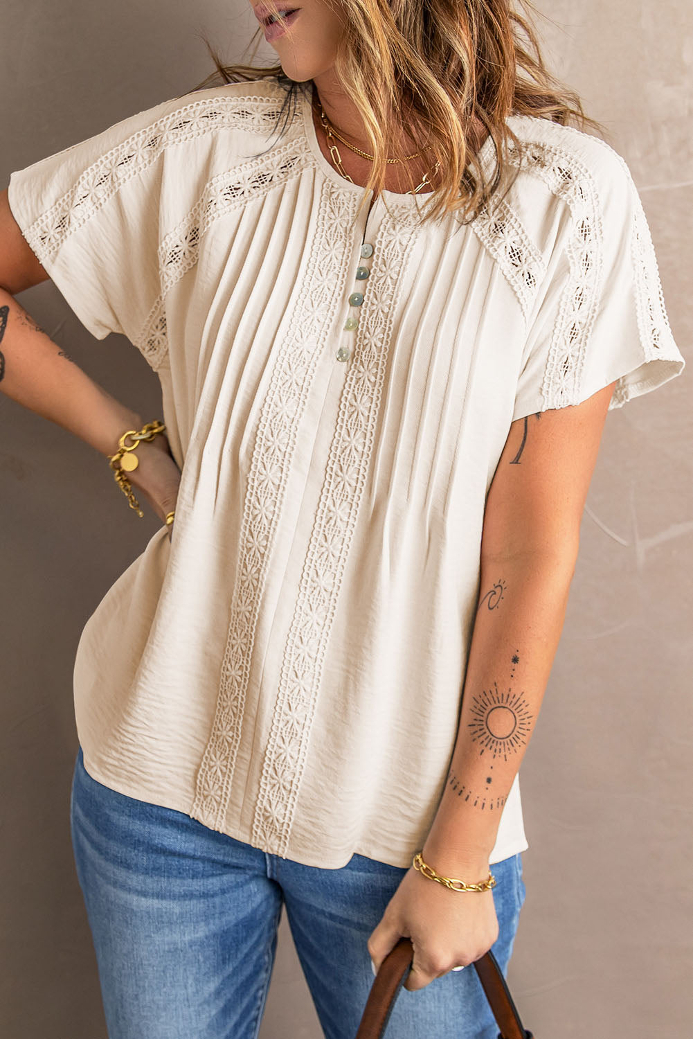 Apricot Crochet Eyelet Short Sleeves Top featuring a button-down front and loose fit, perfect for summer wear.