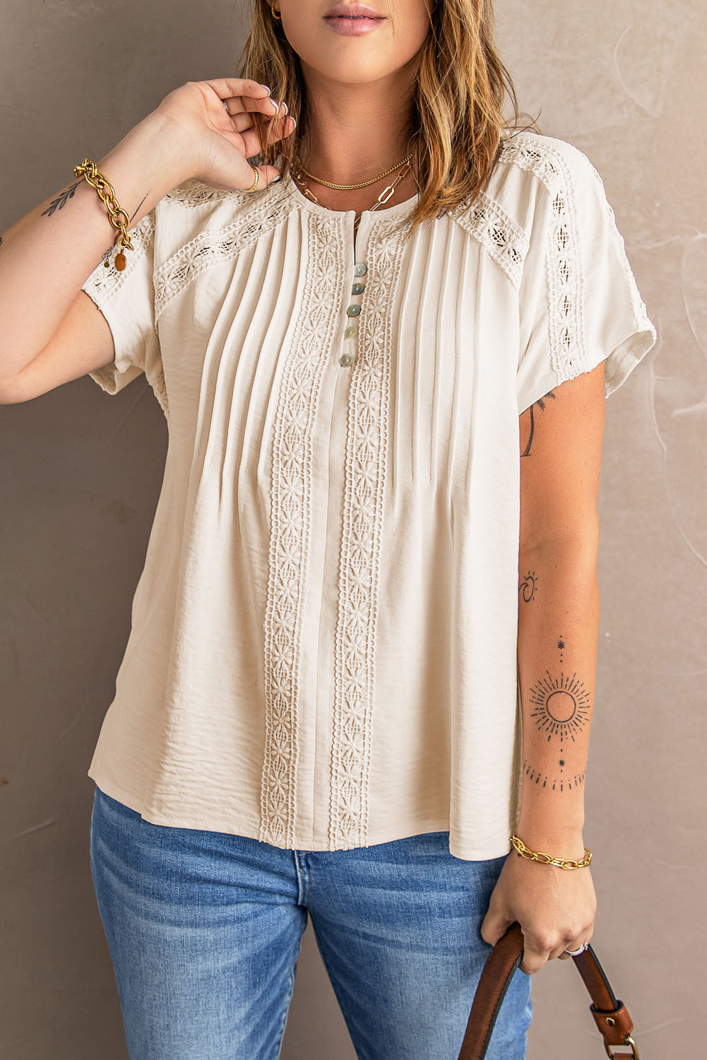 Apricot Crochet Eyelet Short Sleeves Top featuring a button-down front and loose fit, perfect for summer wear.