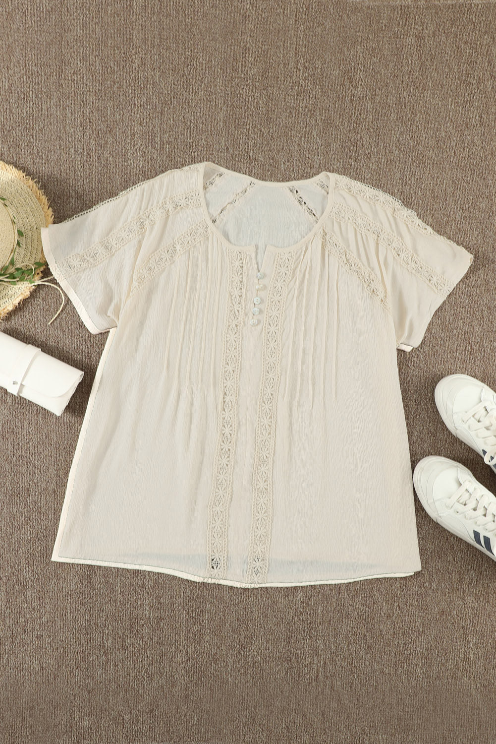 Apricot Crochet Eyelet Short Sleeves Top featuring a button-down front and loose fit, perfect for summer wear.