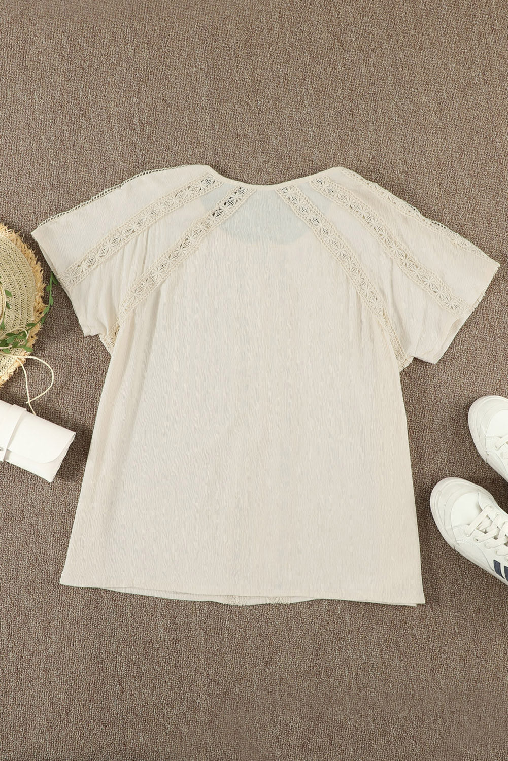 Apricot Crochet Eyelet Short Sleeves Top featuring a button-down front and loose fit, perfect for summer wear.