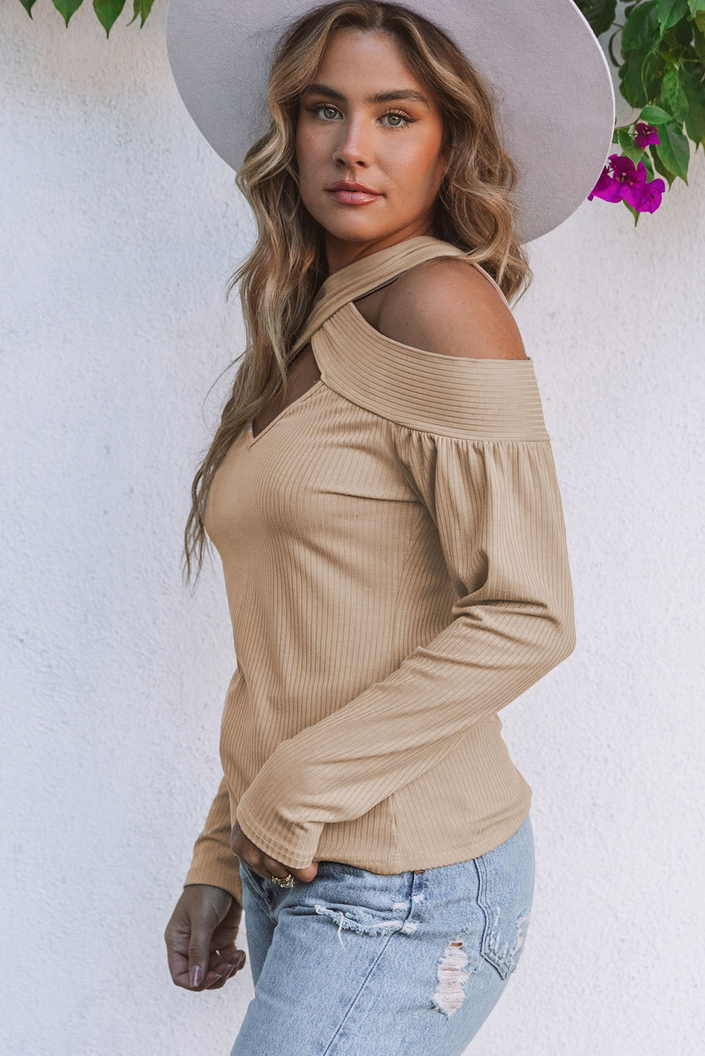 Apricot Cut Out Criss Cross Cold Shoulder Ribbed Top showcasing stylish design and ribbed texture.