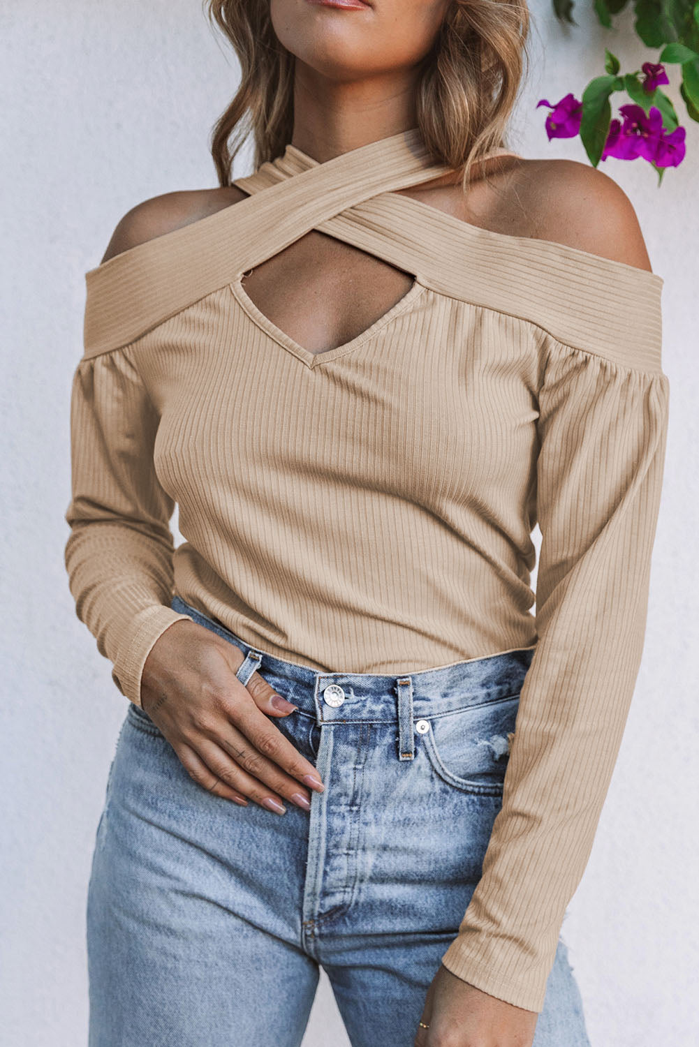 Apricot Cut Out Criss Cross Cold Shoulder Ribbed Top showcasing stylish design and ribbed texture.