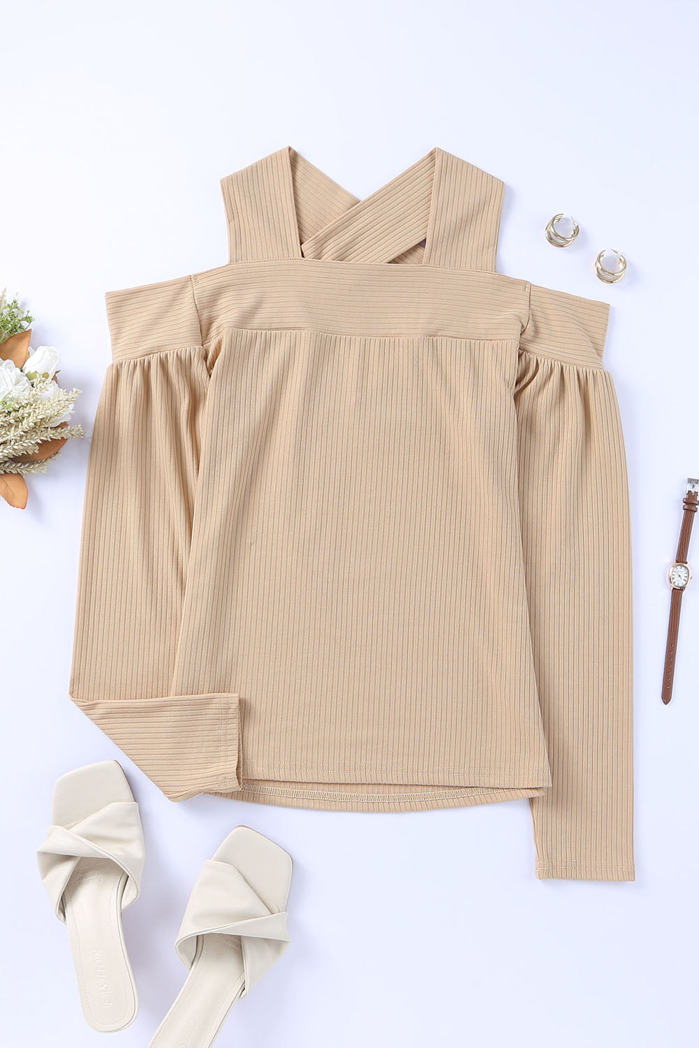 Apricot Cut Out Criss Cross Cold Shoulder Ribbed Top showcasing stylish design and ribbed texture.