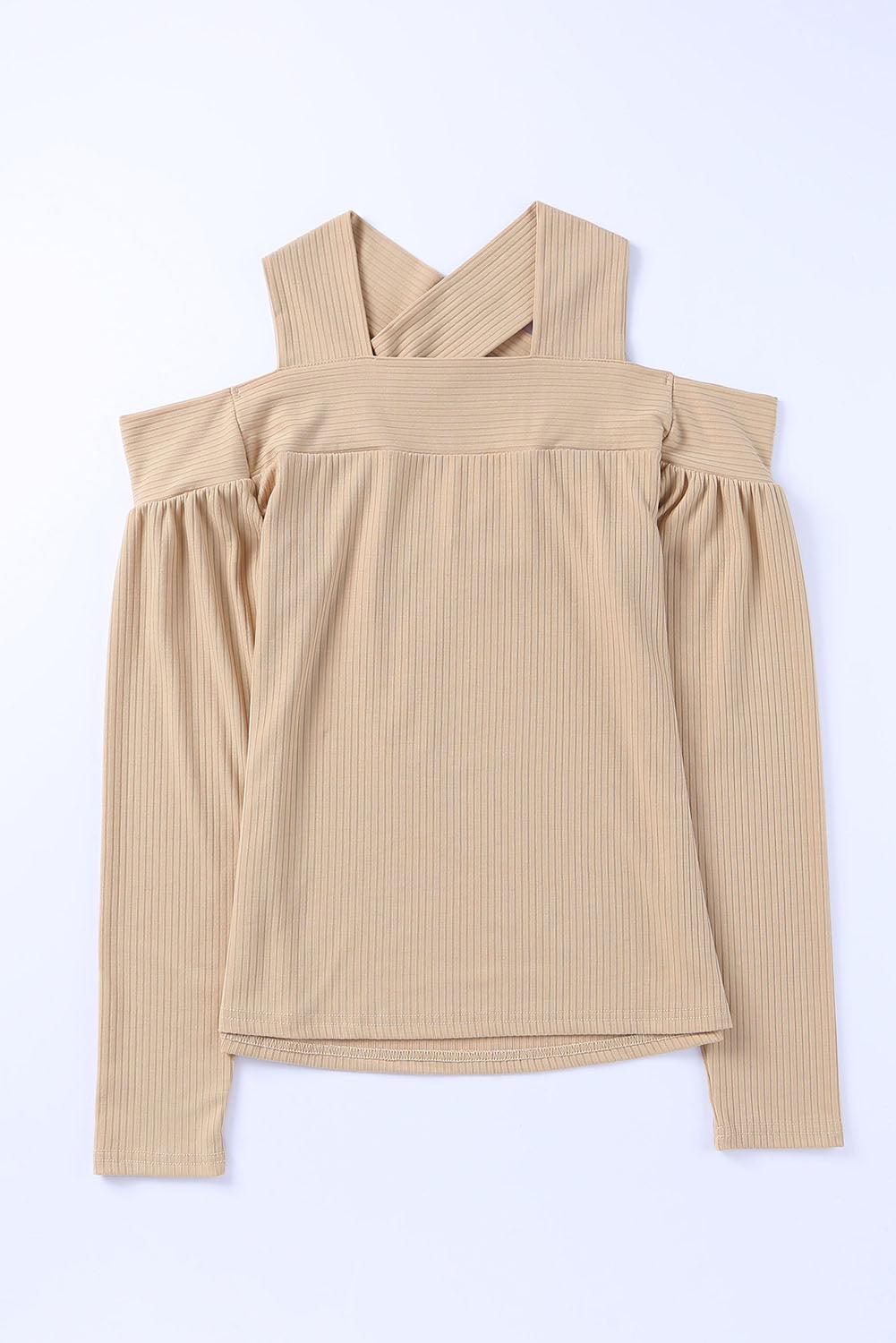 Apricot Cut Out Criss Cross Cold Shoulder Ribbed Top showcasing stylish design and ribbed texture.