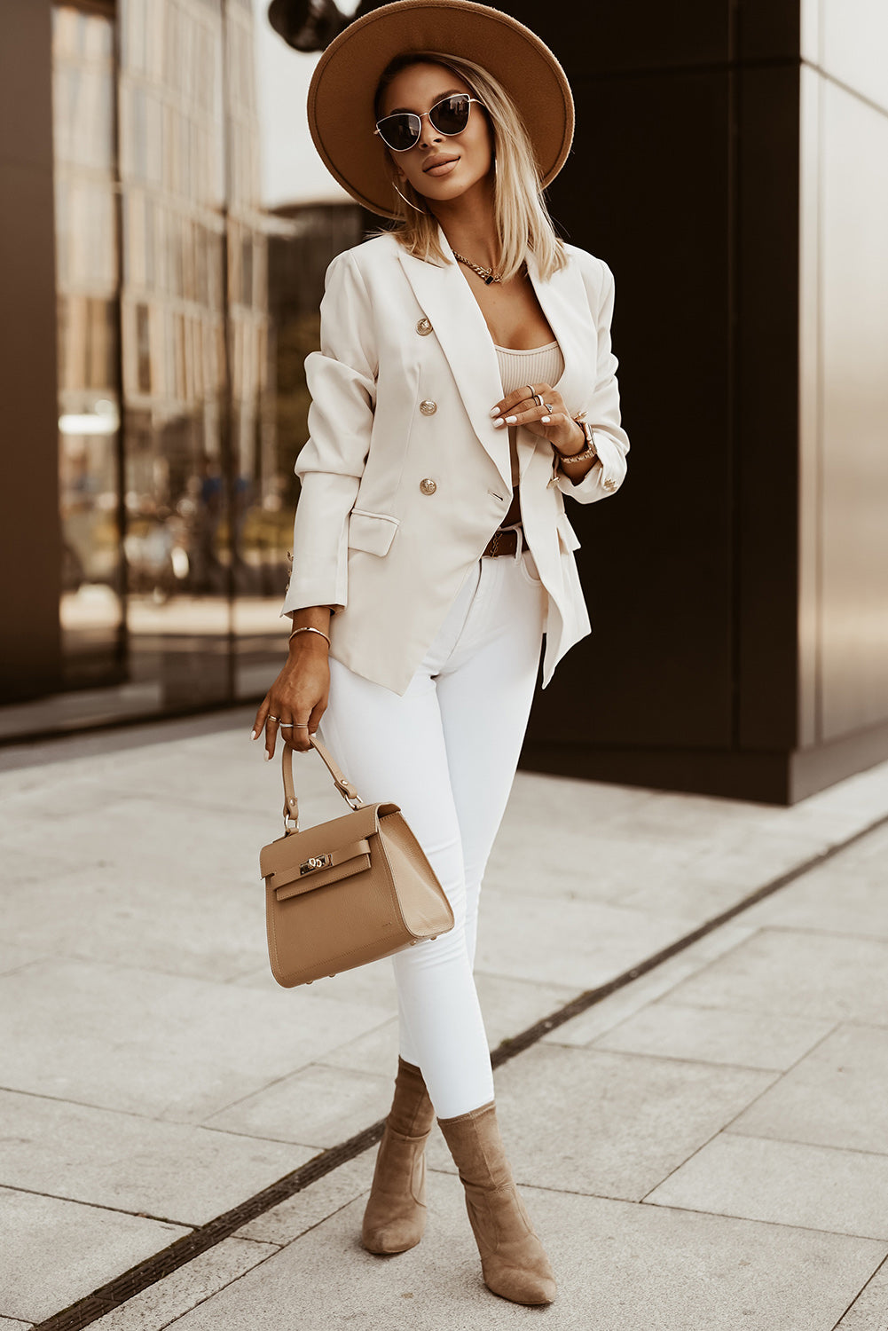 Apricot Double Breasted Long Sleeve Novelty Button Blazer with vintage buttons and tailored collar, showcasing its elegant design.