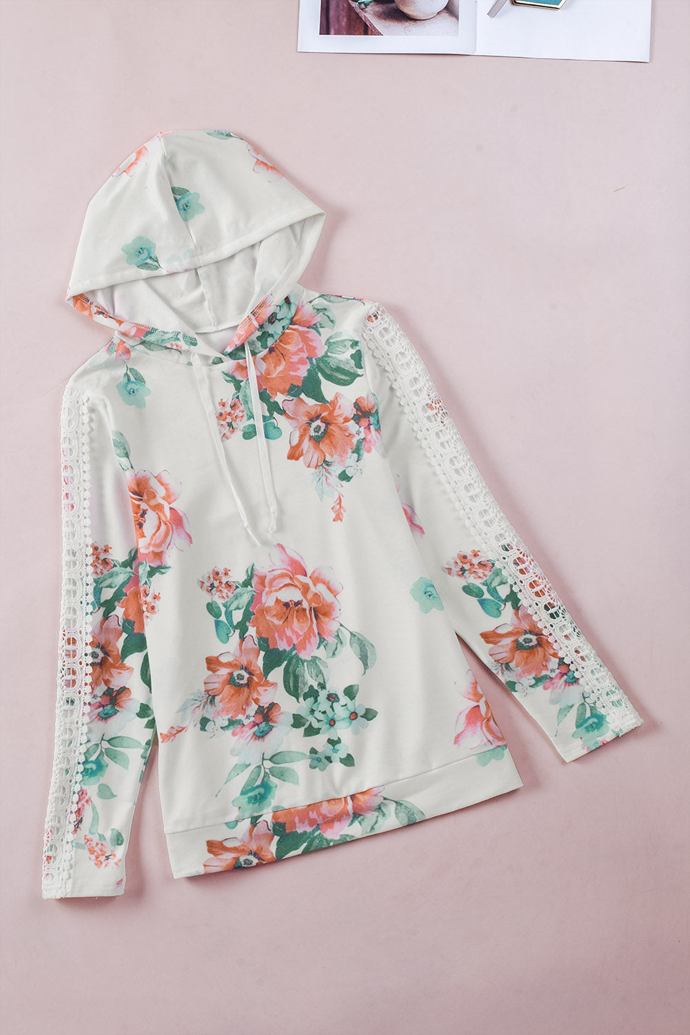 Apricot floral print hoodie with lace contrast, featuring long sleeves and a stylish design, perfect for casual wear.