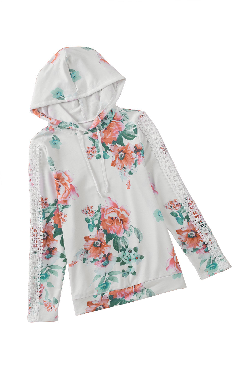 Apricot floral print hoodie with lace contrast, featuring long sleeves and a stylish design, perfect for casual wear.