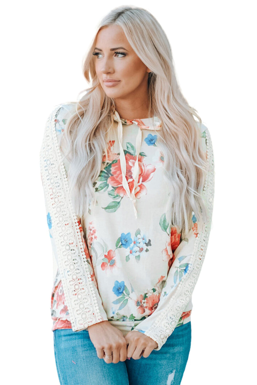 Apricot floral print hoodie with lace contrast, featuring long sleeves and a stylish design, perfect for casual wear.