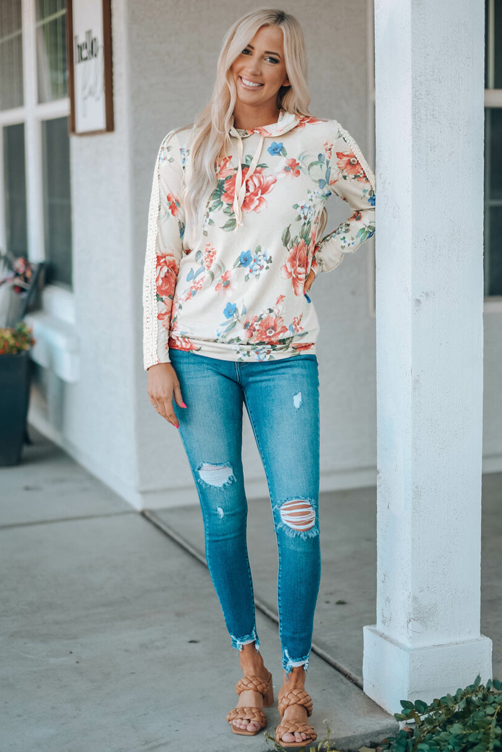 Apricot floral print hoodie with lace contrast, featuring long sleeves and a stylish design, perfect for casual wear.