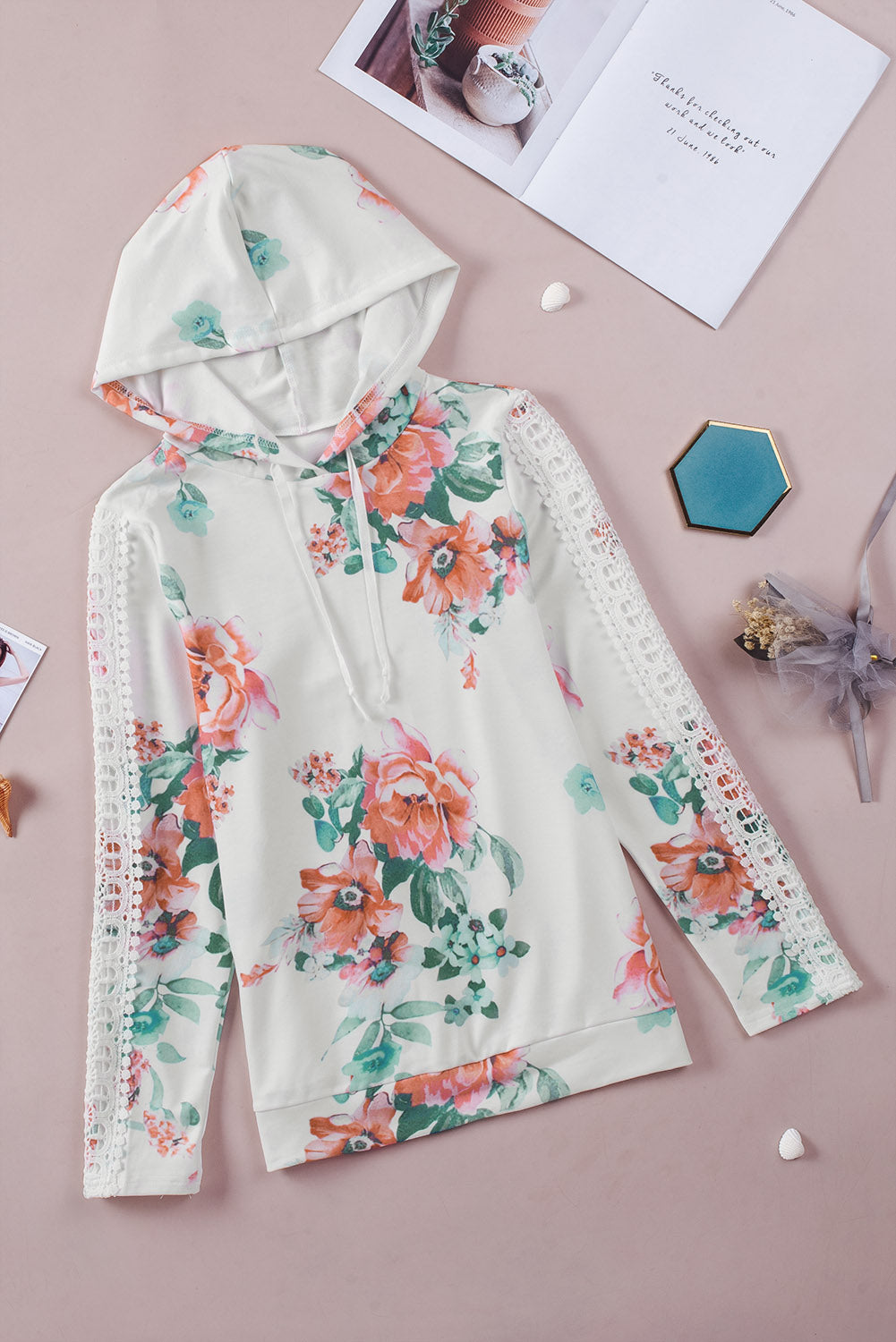 Apricot floral print hoodie with lace contrast, featuring long sleeves and a stylish design, perfect for casual wear.