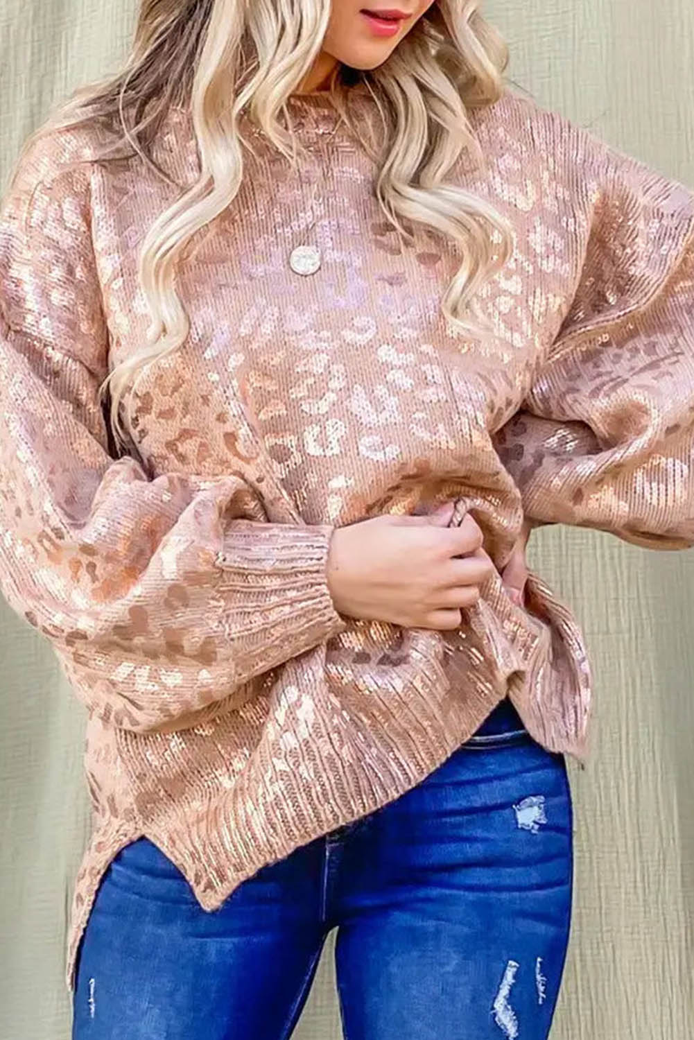 Apricot Glitter Leopard Print Puff Sleeve Sweater showcasing stylish design with puff sleeves and leopard print pattern.