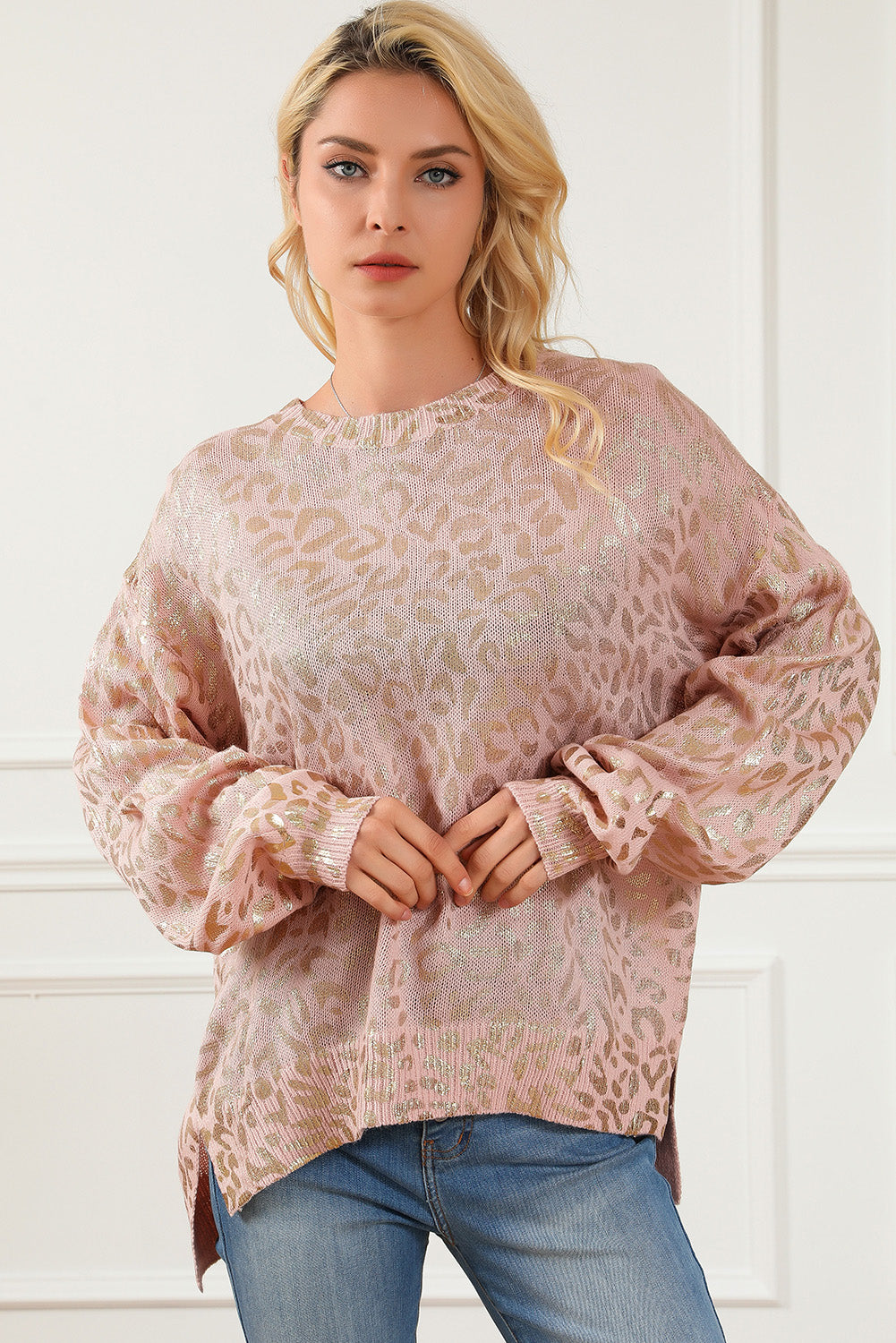 Apricot Glitter Leopard Print Puff Sleeve Sweater showcasing stylish design with puff sleeves and leopard print pattern.