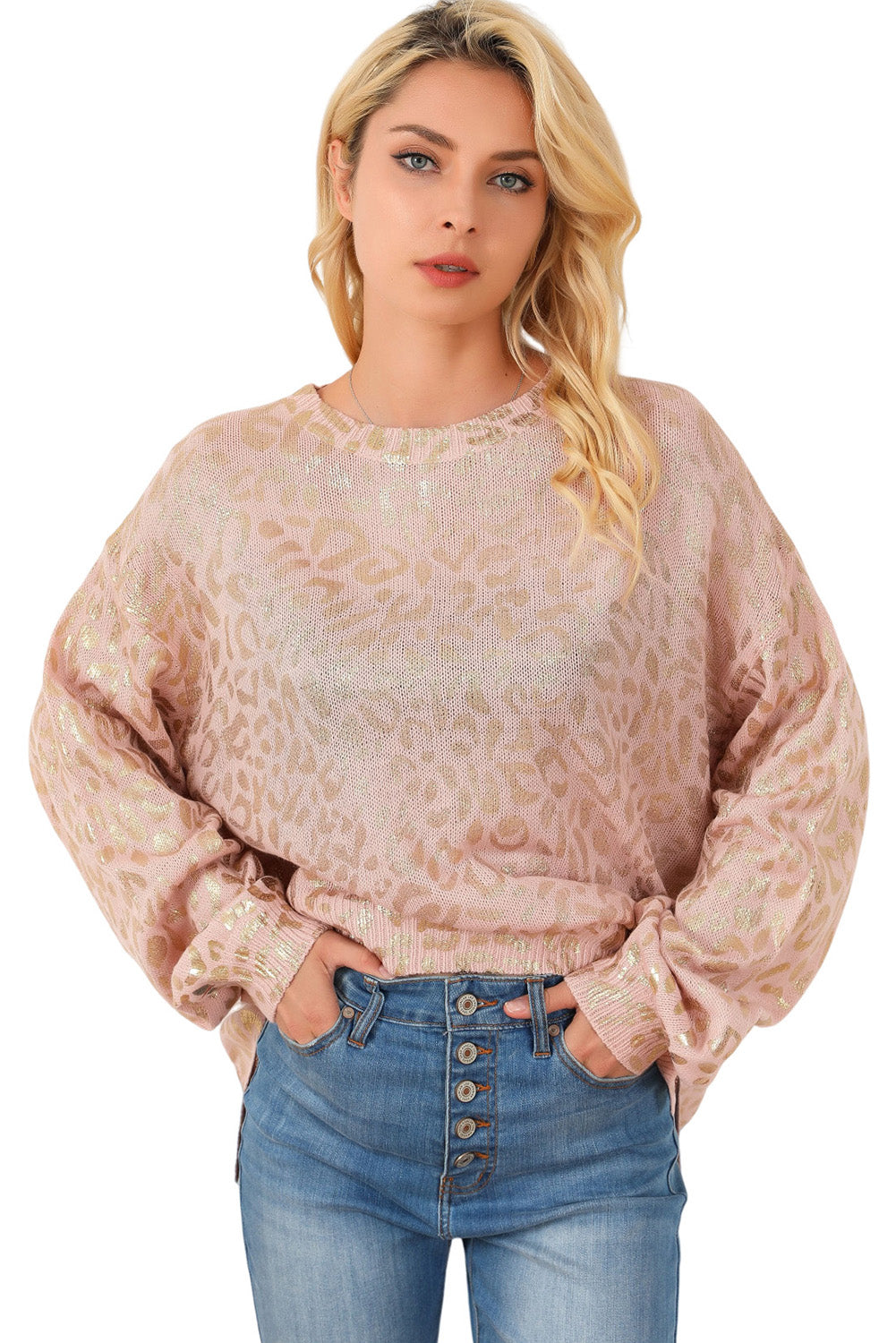 Apricot Glitter Leopard Print Puff Sleeve Sweater showcasing stylish design with puff sleeves and leopard print pattern.