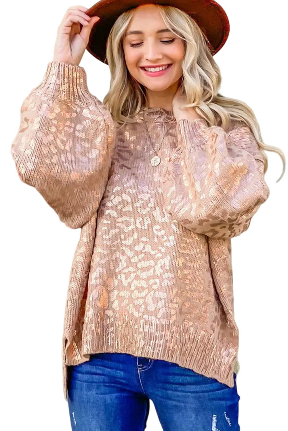 Apricot Glitter Leopard Print Puff Sleeve Sweater showcasing stylish design with puff sleeves and leopard print pattern.