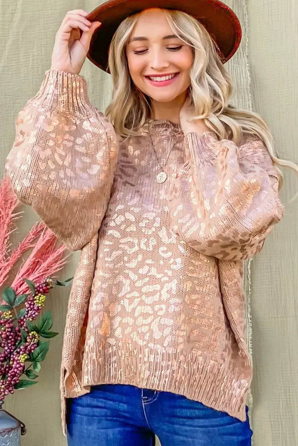 Apricot Glitter Leopard Print Puff Sleeve Sweater showcasing stylish design with puff sleeves and leopard print pattern.