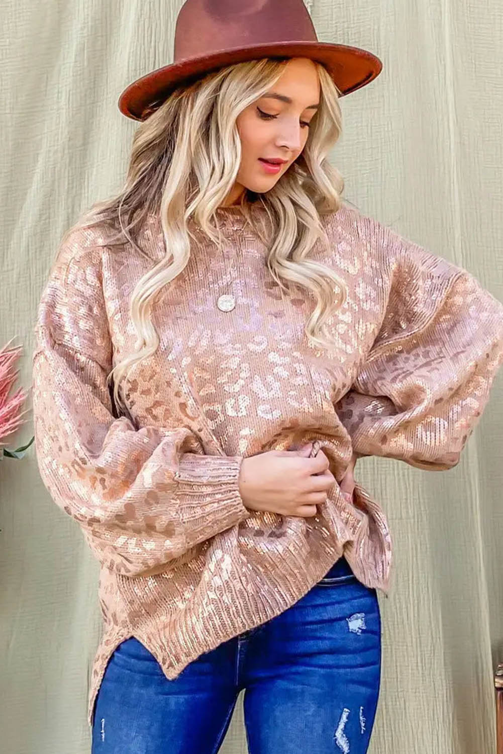 Apricot Glitter Leopard Print Puff Sleeve Sweater showcasing stylish design with puff sleeves and leopard print pattern.