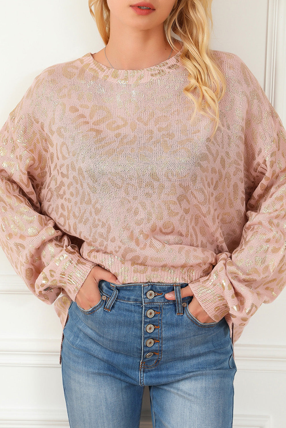 Apricot Glitter Leopard Print Puff Sleeve Sweater showcasing stylish design with puff sleeves and leopard print pattern.