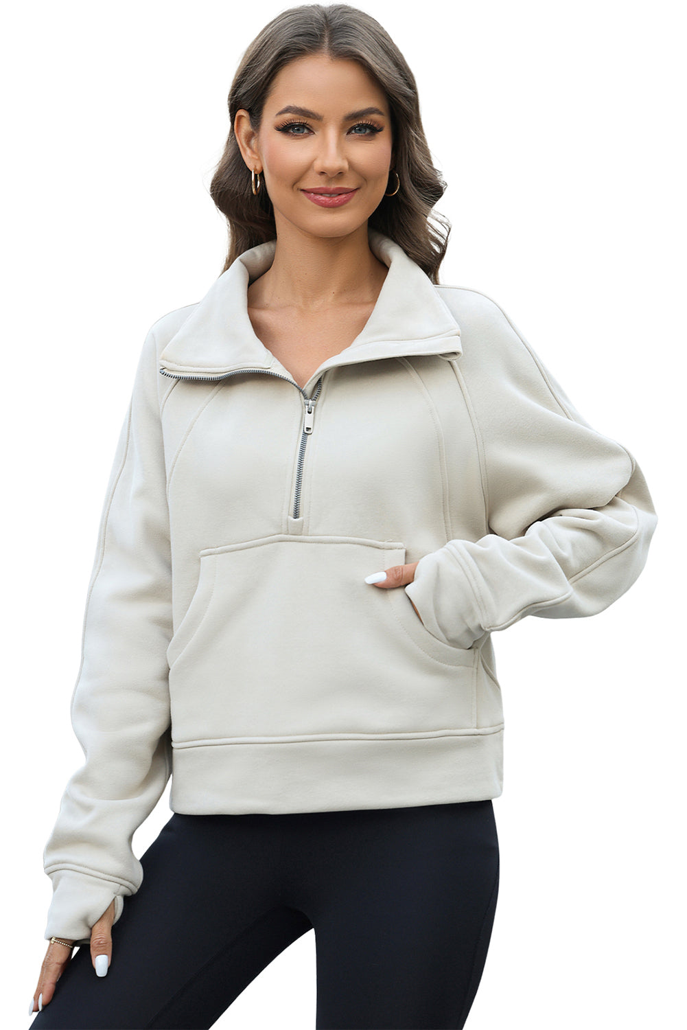 Apricot half zipper kangaroo pocket sweatshirt with thumb holes, showcasing a stylish and active design.