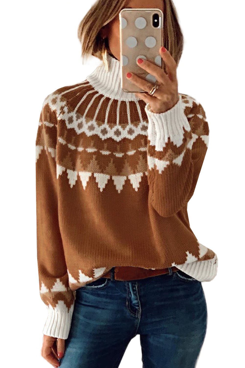 Apricot high neck printed knit sweater with ribbed cuffs and hemline, showcasing a chic pattern perfect for winter wear.