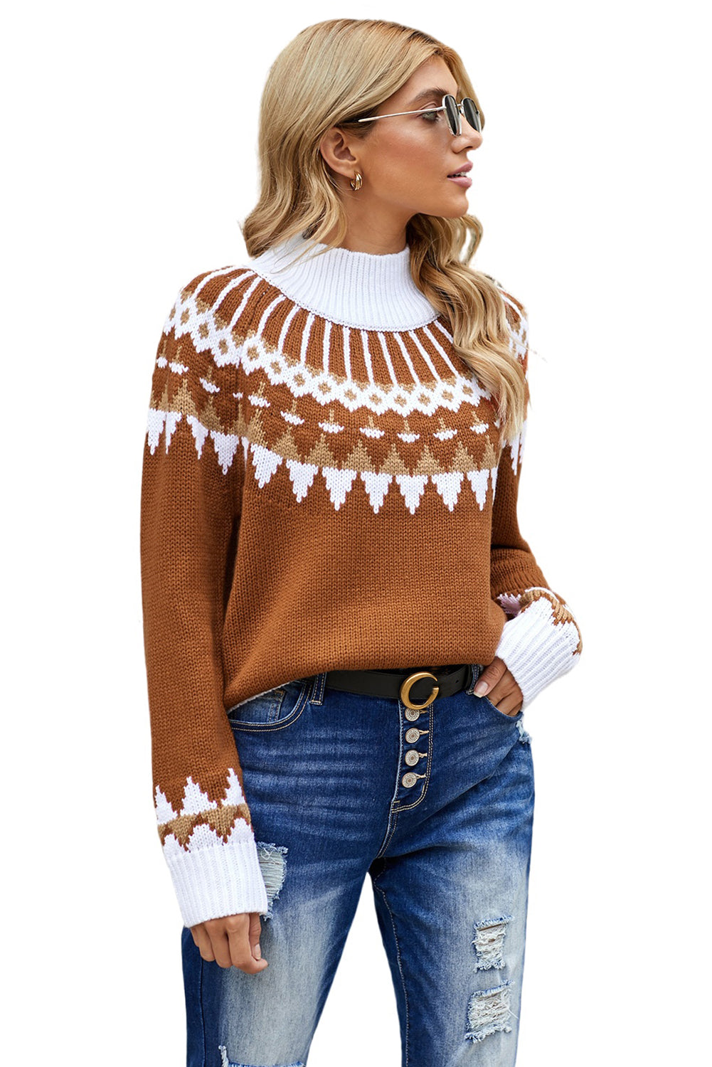 Apricot high neck printed knit sweater with ribbed cuffs and hemline, showcasing a chic pattern perfect for winter wear.