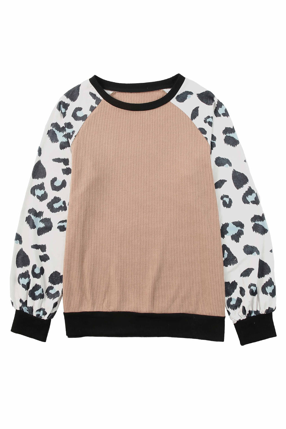 Apricot knitted pullover top with leopard print sleeves, showcasing a stylish and casual design.