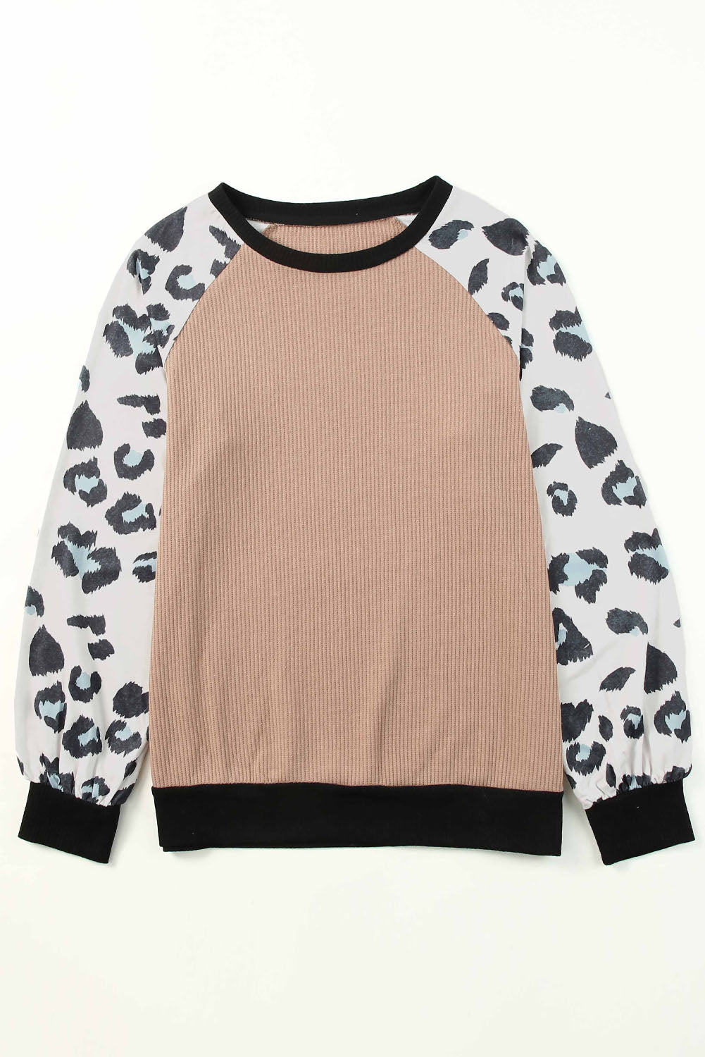 Apricot knitted pullover top with leopard print sleeves, showcasing a stylish and casual design.