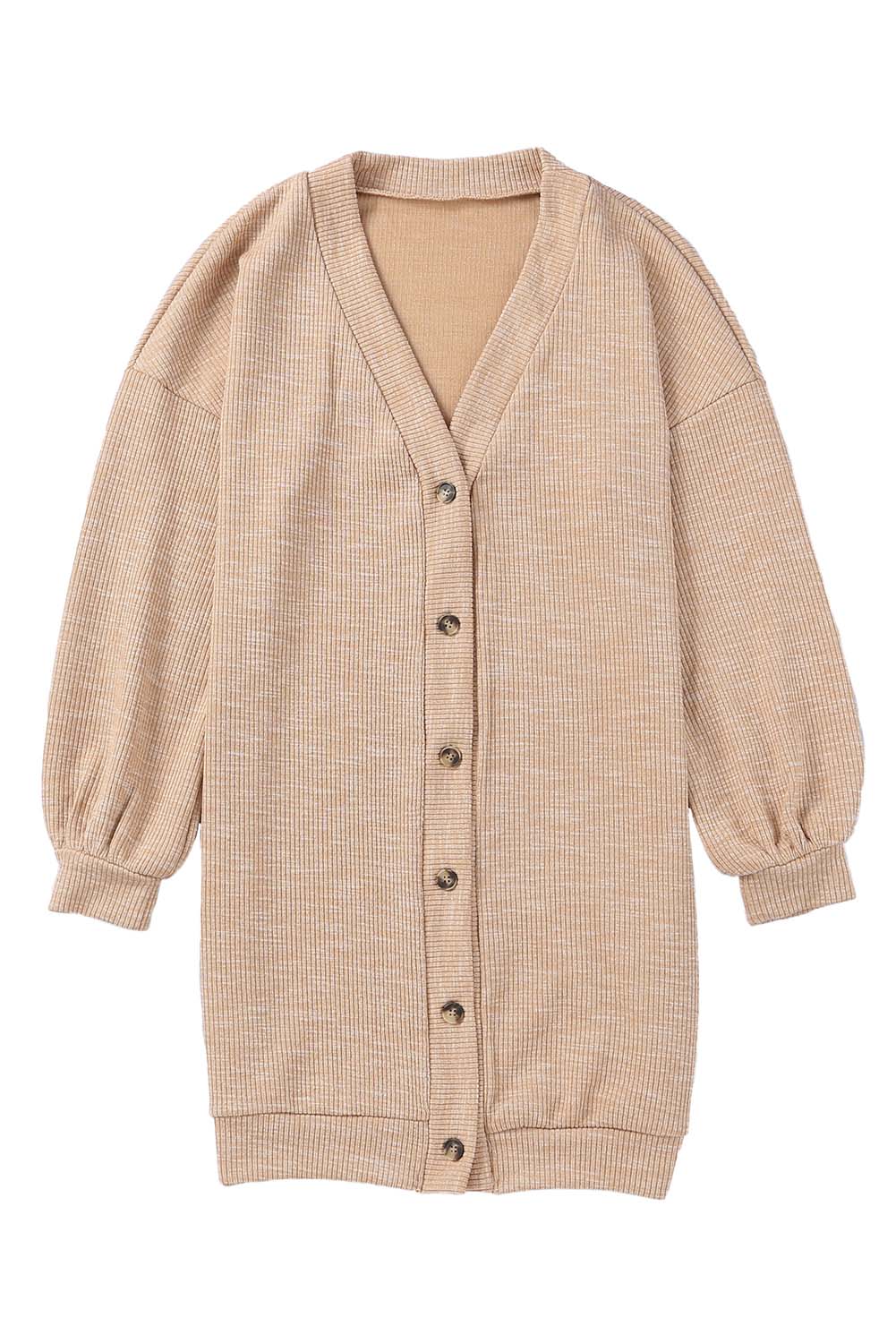 Apricot ribbed cardigan with buttons and V-neck design, perfect for layering and stylish outfits.