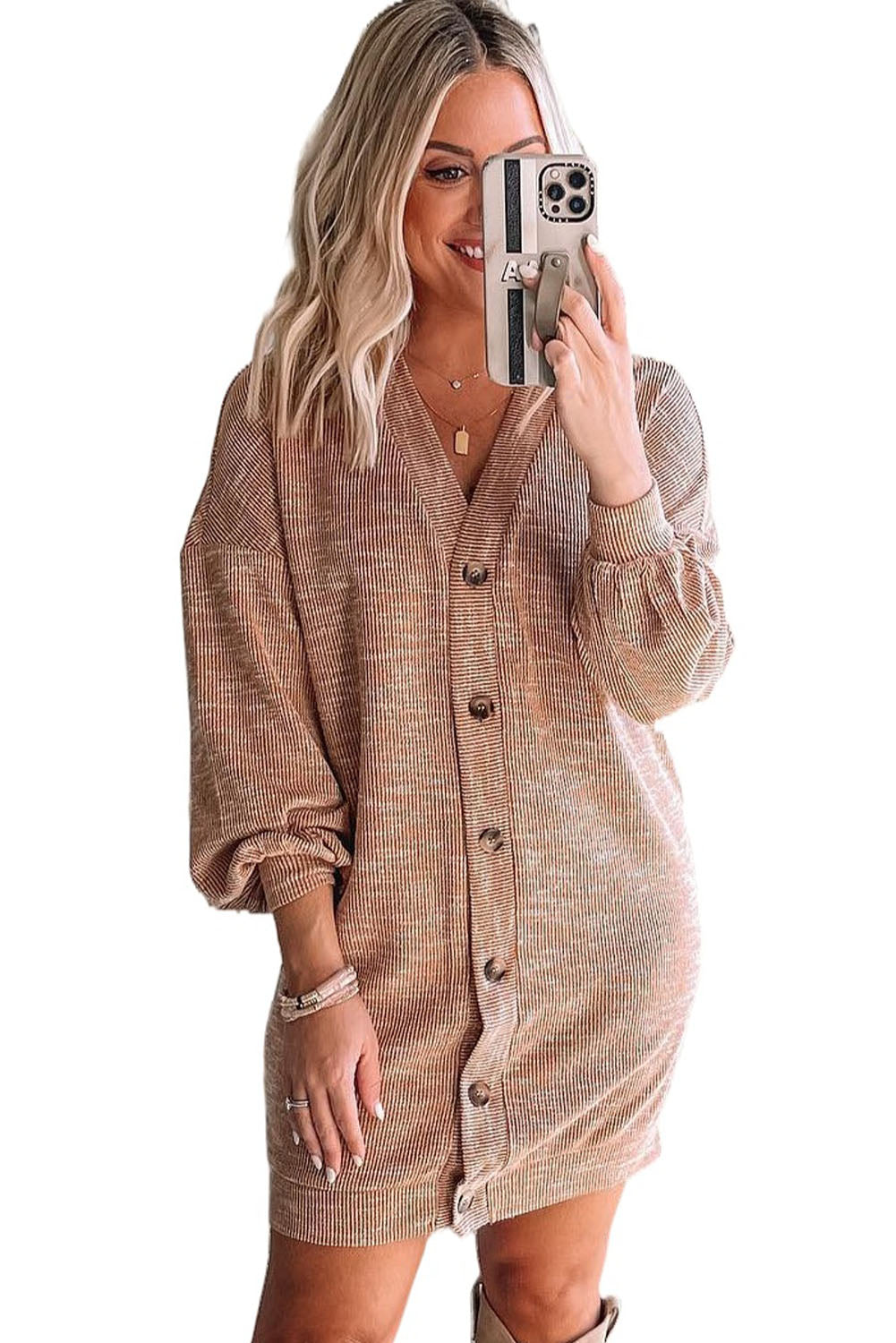 Apricot ribbed cardigan with buttons and V-neck design, perfect for layering and stylish outfits.