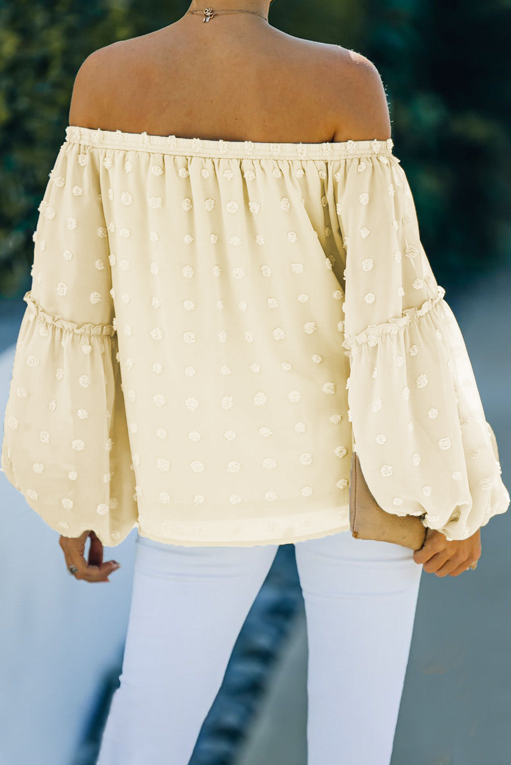 Apricot Swiss Dot Off The Shoulder Blouse featuring delicate fabric and stylish design.