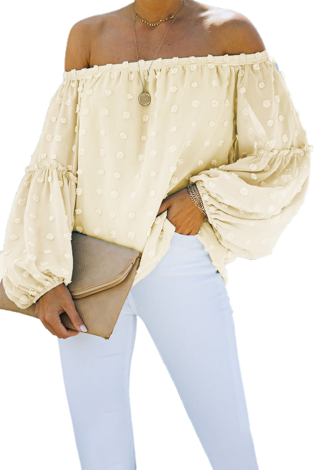 Apricot Swiss Dot Off The Shoulder Blouse featuring delicate fabric and stylish design.