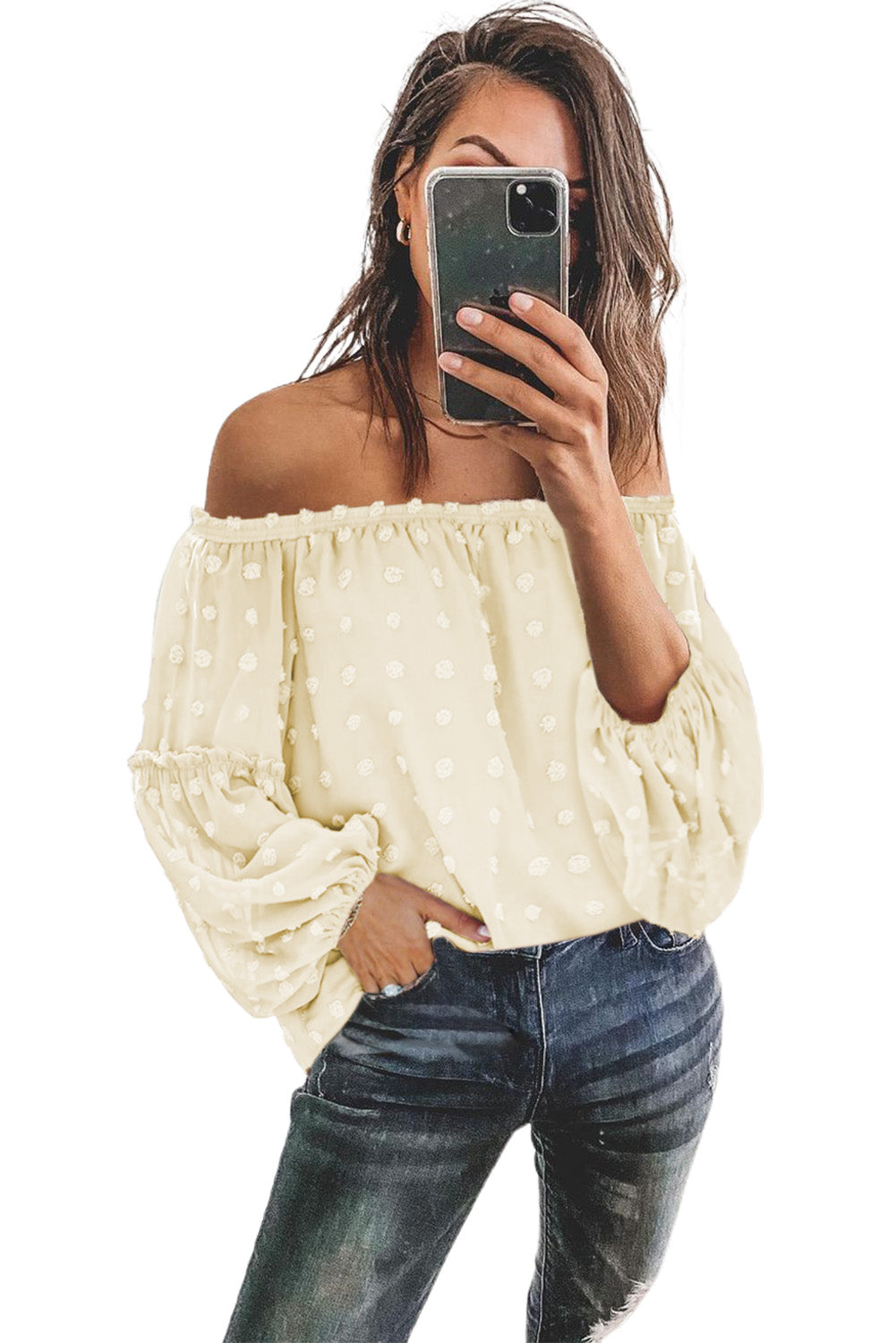 Apricot Swiss Dot Off The Shoulder Blouse featuring delicate fabric and stylish design.