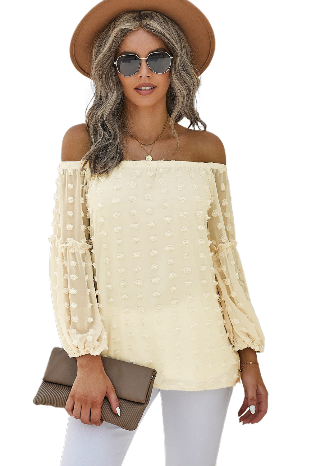 Apricot Swiss Dot Off The Shoulder Blouse featuring delicate fabric and stylish design.