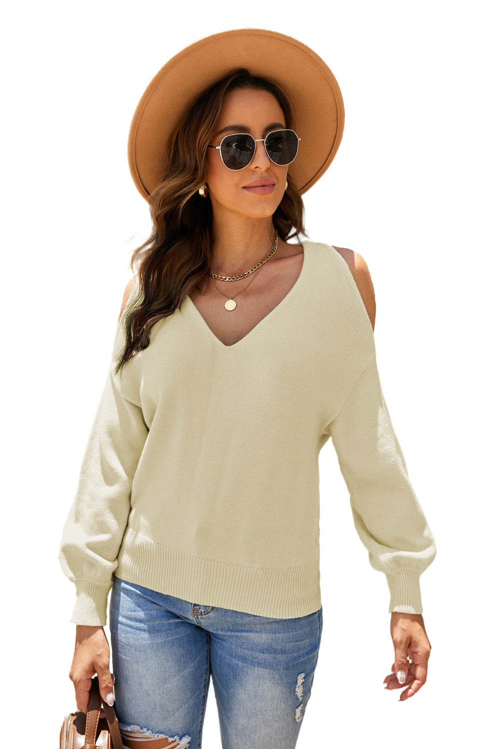 Apricot V Neck Twisted Back Cold Shoulder Sweater showcasing its stylish design and unique twisted back.