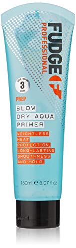 Fudge Aqua Blow Dry Hair Primer bottle with a sleek design, showcasing its vibrant packaging and spray nozzle.