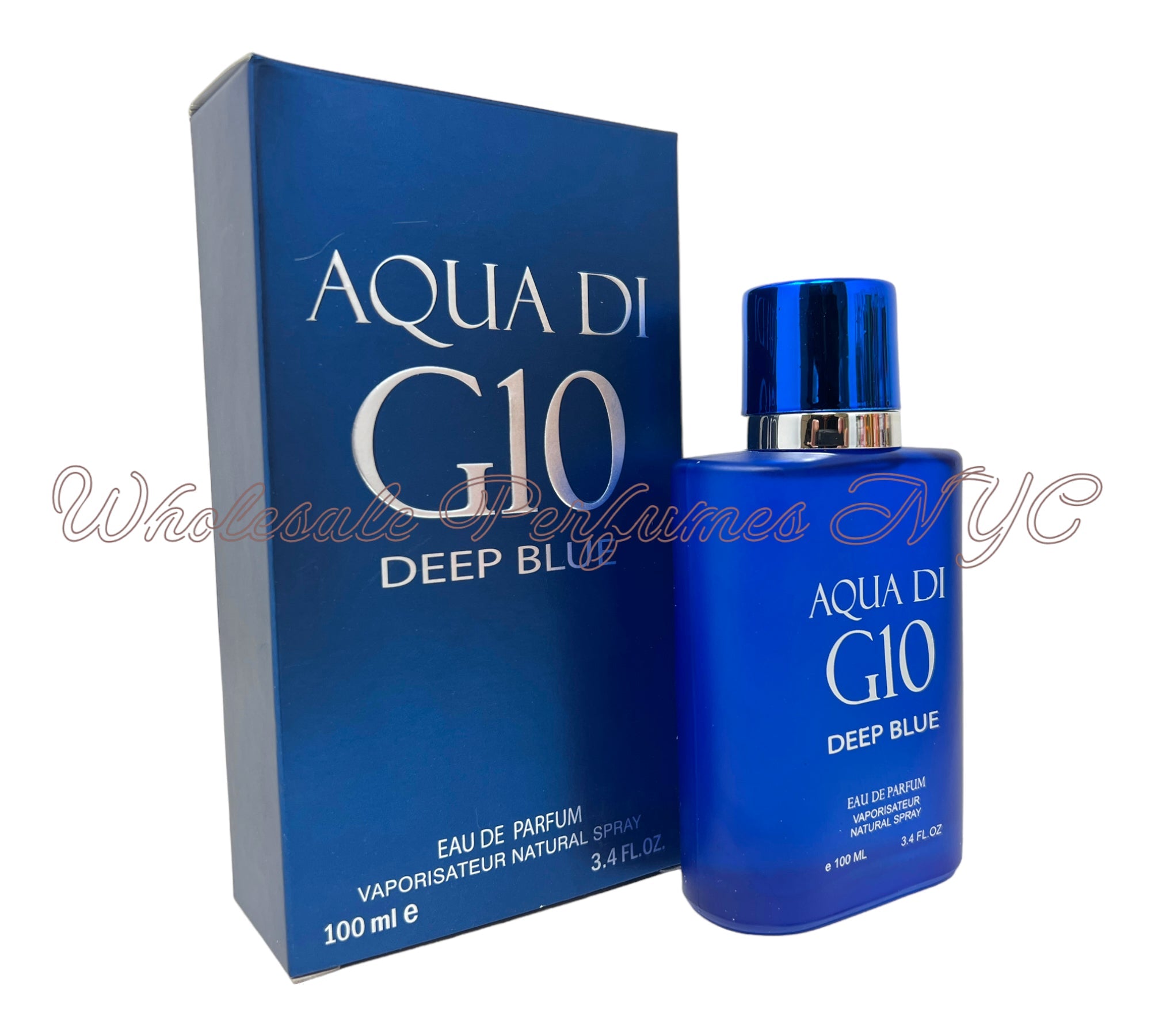 Aqua G10 Deep Blue for Men 3.4oz Eau de Parfum Spray in an elegant box, showcasing its refreshing scent for modern men.