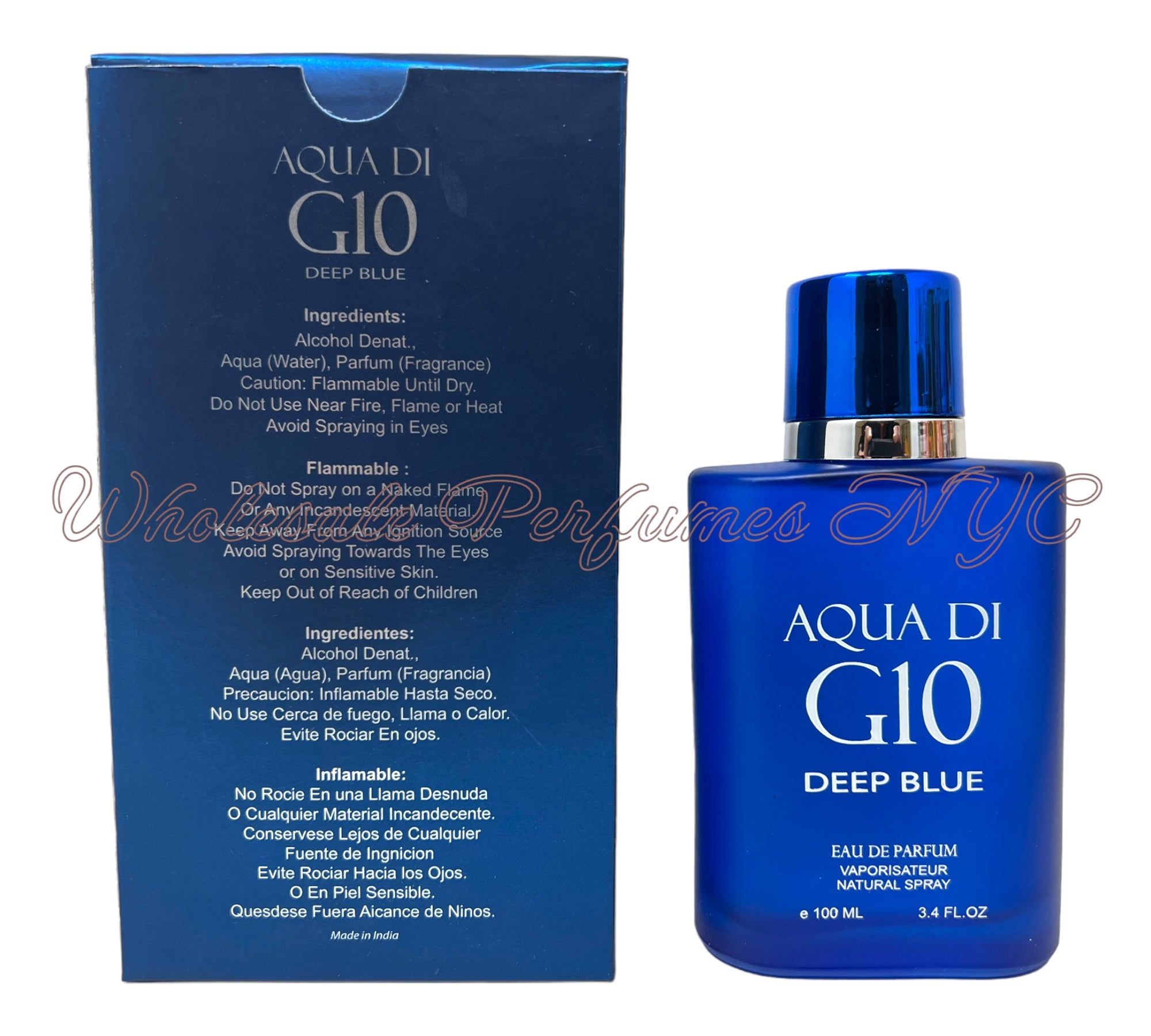 Aqua G10 Deep Blue for Men 3.4oz Eau de Parfum Spray in an elegant box, showcasing its refreshing scent for modern men.